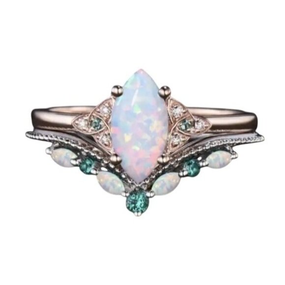 Marquise Cut Ethiopian Fire Opal with Moissanite & Emeralds in a Celtic Knot - Picture 3 of 5